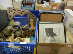 BOX CONTAINING MIXED FRAMED BLACK AND WHITE REPRODUCTION PHOTOGRAPHS, CRATE CONTAINING A THREE