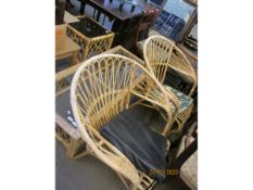 TWO BAMBOO CONSERVATORY ARMCHAIRS AND A FURTHER RECTANGULAR GLASS TOP COFFEE TABLE AND A SQUARE