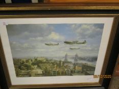 GILT AND EBONISED FRAMED PRINT OF SPITFIRES OVER LONDON