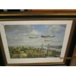 GILT AND EBONISED FRAMED PRINT OF SPITFIRES OVER LONDON