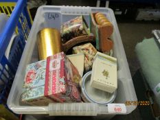 BOX CONTAINING MIXED TINS, ORNAMENTS ETC