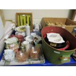 VARIOUS GLASS WARE, GLASS DRESSING TABLE SET, CHARACTER JUG, ETC OVAL TIN PLANTER CONTAINING VARIOUS