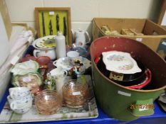 VARIOUS GLASS WARE, GLASS DRESSING TABLE SET, CHARACTER JUG, ETC OVAL TIN PLANTER CONTAINING VARIOUS