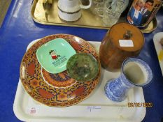 TRAY CONTAINING A BLUE AND WHITE VASE, VINTAGE ASH TRAY ETC