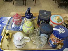 TRAY CONTAINING ORIENTAL GINGER JAR, BLUE AND WHITE DISH, GLASS WARE AND TINS ETC