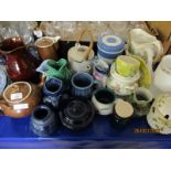 VARIOUS DECORATIVE POTTERY INCLUDING JUGS, TEA POTS, STORAGE JAR ETC