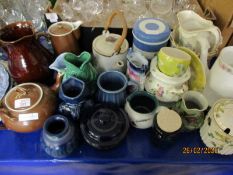 VARIOUS DECORATIVE POTTERY INCLUDING JUGS, TEA POTS, STORAGE JAR ETC