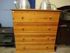 EXTREMELY LARGE STAINED PINE FOUR FULL WIDTH DRAWER CHEST WITH TURNED KNOB HANDLES