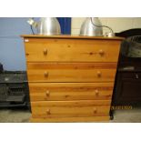 EXTREMELY LARGE STAINED PINE FOUR FULL WIDTH DRAWER CHEST WITH TURNED KNOB HANDLES