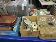 FOUR BOXES CONTAINING MIXED GLASS BREWERY BOTTLES, JARS, DISHES ETC