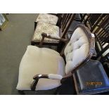 REPRODUCTION FRENCH STYLE TEAK FRAMED ARMCHAIR WITH CREAM UPHOLSTERED SEAT AND BUTTON BACK