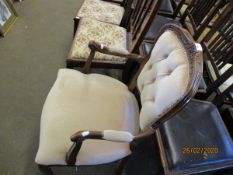 REPRODUCTION FRENCH STYLE TEAK FRAMED ARMCHAIR WITH CREAM UPHOLSTERED SEAT AND BUTTON BACK