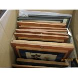 BOX CONTAINING MIXED TEAK FRAMED PRINTS, PICTURES ETC