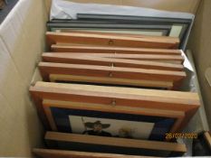 BOX CONTAINING MIXED TEAK FRAMED PRINTS, PICTURES ETC