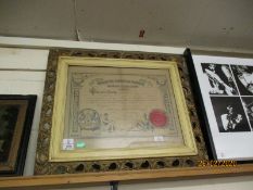 WORSHIPFUL COMPANY OF FARRIERS GILT FRAMED CERTIFICATE