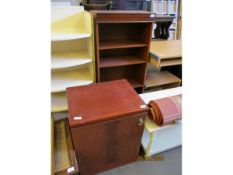 NARROW MAHOGANY EFFECT BOOKCASE WITH ADJUSTABLE SHELVES AND SINGLE CUPBOARD DOOR (IN TWO SECTIONS)