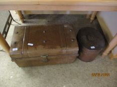 VINTAGE TIN TRUNK AND A CIRCULAR TIN HAT BOX