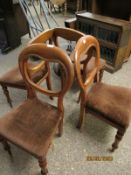 FOUR VICTORIAN BALLOON BACK DINING CHAIRS WITH TURNED FRONT LEGS WITH BROWN DRALON UPHOLSTERED