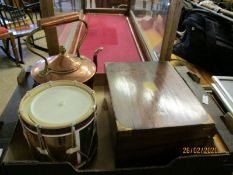 BOX CONTAINING A VICTORIAN WRITING BOX, COPPER KETTLE AND CONTAINER FORMED AS A DRUM