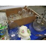 BOX CONTAINING VARIOUS DECANTERS, OTHER GLASS WARE, LARGE GLASS DISH, PLATED CRUET, POTTERY ITEMS