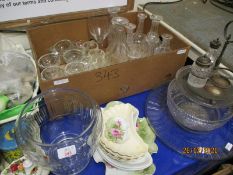 BOX CONTAINING VARIOUS DECANTERS, OTHER GLASS WARE, LARGE GLASS DISH, PLATED CRUET, POTTERY ITEMS