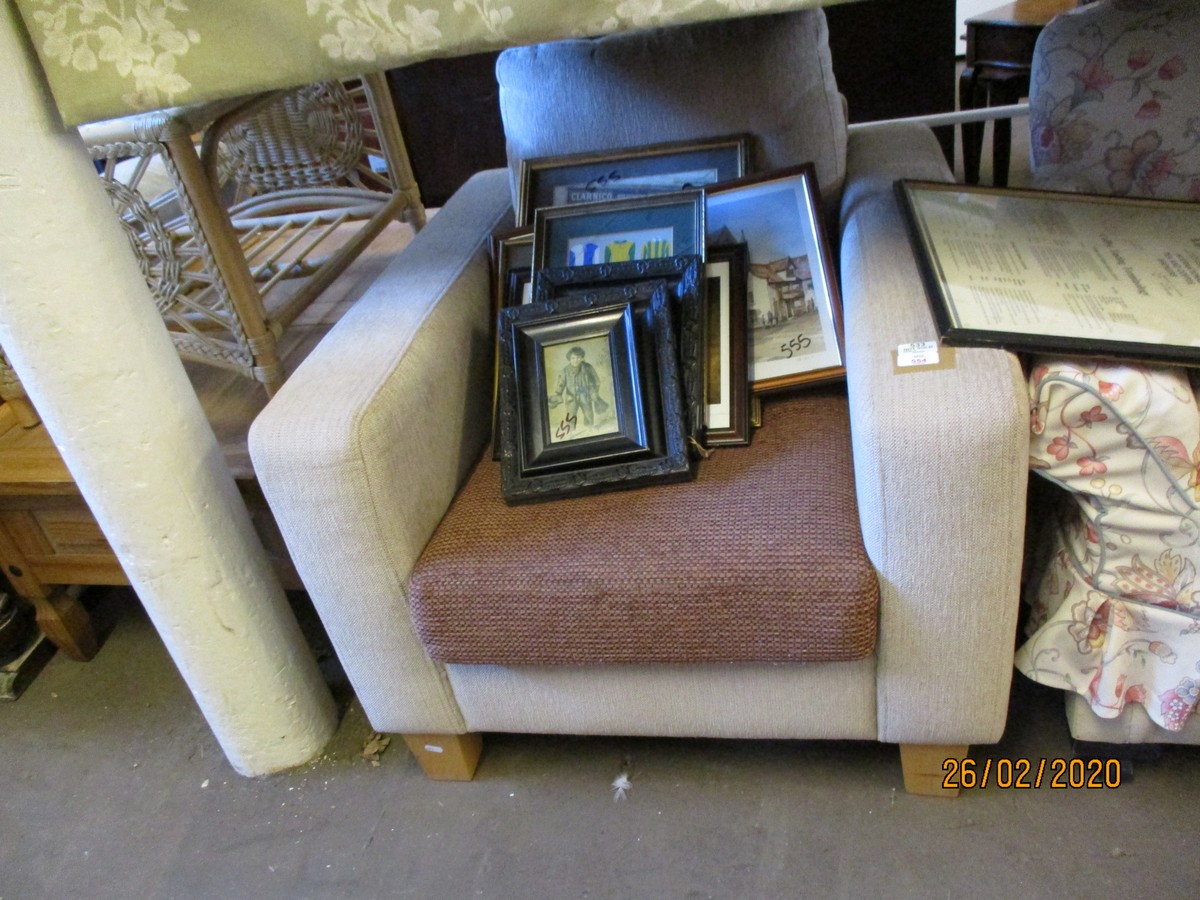 MODERN CREAM UPHOLSTERED ARMCHAIR WITH BROWN CUSHION