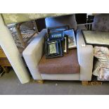 MODERN CREAM UPHOLSTERED ARMCHAIR WITH BROWN CUSHION