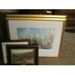 PAIR OF GILT SHIPPING PRINTS TOGETHER WITH TWO TEAK FRAMED PRINTS (4)