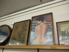 ORIENTAL PRINT OF BIRDS AMONG FOLIAGE AND A FURTHER TEAK FRAMED NUDE STUDY OF A LADY (2)