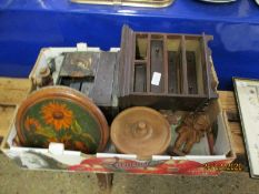 BOX CONTAINING APPRENTICES TYPE CHEST, FURTHER ORIENTAL TABLE TOP CHEST, TREEN FIGURES ETC