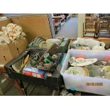 FIVE BOXES OF MIXED CHINA WARES, PLATED WARES, DINNER WARES, UPLIGHTER ETC (5)