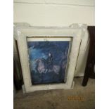 DECORATIVE 19TH CENTURY WHITE PAINTED PICTURE FRAME AND A PRINT OF A KNIGHT