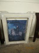 DECORATIVE 19TH CENTURY WHITE PAINTED PICTURE FRAME AND A PRINT OF A KNIGHT