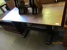 OAK FRAMED TWO PLANK TOP REFECTORY TYPE TABLE WITH SQUARE STEPPED SUPPORTS AND SPLAYED LEGS