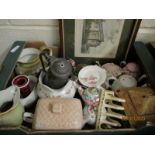 BOX CONTAINING COTTAGE WARE, DECORATIVE ITEMS, TOAST RACK, TEA POTS ETC