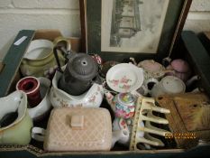 BOX CONTAINING COTTAGE WARE, DECORATIVE ITEMS, TOAST RACK, TEA POTS ETC