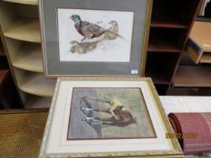 PRINT OF A HORSE GROOMER TOGETHER WITH A FURTHER WATERCOLOUR OF PHEASANTS