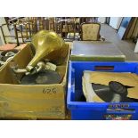 THREE BOXES OF MIXED 78RPM VINYL RECORDS, MODERN GRAMOPHONE WITH BRASS HORN ETC