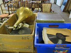 THREE BOXES OF MIXED 78RPM VINYL RECORDS, MODERN GRAMOPHONE WITH BRASS HORN ETC