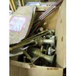 BOX OF VARIOUS METAL WARE INCLUDING FIRE IRONS, VASES, CANDLESTICKS ETC