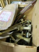 BOX OF VARIOUS METAL WARE INCLUDING FIRE IRONS, VASES, CANDLESTICKS ETC