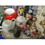 TRAY CONTAINING NOVELTY AND OTHER TEA POTS, FIGURES ETC