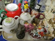 TRAY CONTAINING NOVELTY AND OTHER TEA POTS, FIGURES ETC