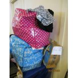 FOUR BAGS CONTAINING MIXED SHOES, LADIES CLOTHING, SCARVES ETC