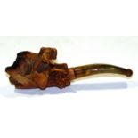 Vintage Meerschaum cheroot holder, the bowl in the form of a dog carrying a game bag, 11cm long