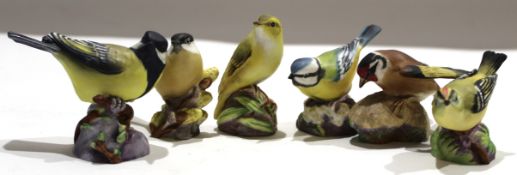 Group of six Royal Worcester bird studies including Marsh Tit, Wood Warbler, Blue Tit and others (