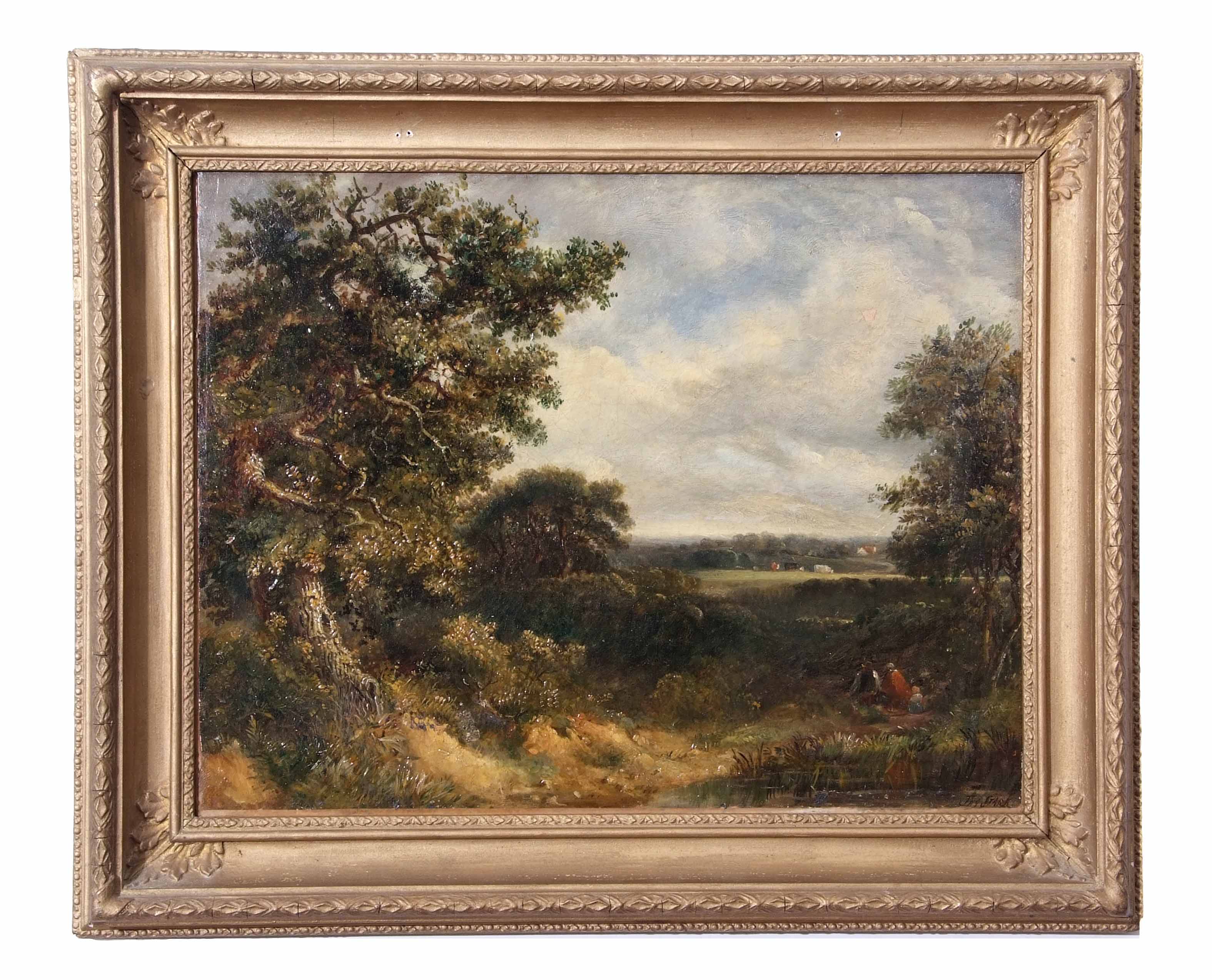 Circle of James Stark (19th century) Landscape with figures oil on canvas, bears signature lower