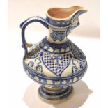 Large Westerwald stoneware ewer, the front with a medallion and medieval knight, the lip with mask