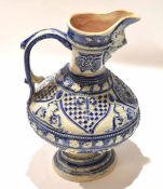 Large Westerwald stoneware ewer, the front with a medallion and medieval knight, the lip with mask