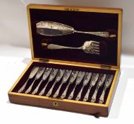 Mahogany cased set of 12 fish knives and forks together with servers